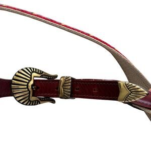 Vintage Fashion Belt Leather Gold-Plated Sterling Silver Sunburst Buckle Red